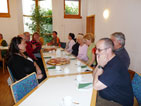 Pitschdabber beim Frühstück: rechts Udo, Josef, Silvia, Christine, Margit; links Dagmar, Bernd, Angela