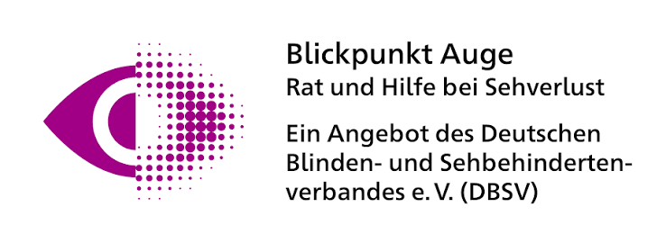 Logo Blickpunkt Auge: Ein stilisiertes Auge in Violett, dessen rechte H�lfte sich in unterschiedlich gro�e Punkte aufl�st. Daneben steht: "Blickpunkt Auge, Rat und Hilfe bei Sehverlust. Ein Angebot des Deutschen Blinden- und Sehbehindertenverbandes e. V. (DBSV)."