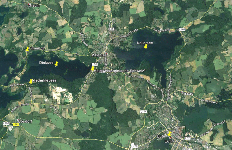 Karte: in der Mitte Malente, links Dieksee, rechts Kellersee